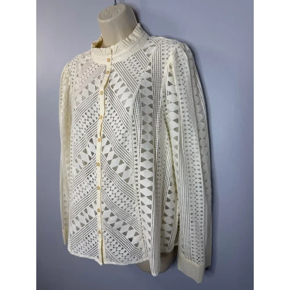 Anthropologie Lace Button Down Blouse Women's 16W Romantic Festival Cream